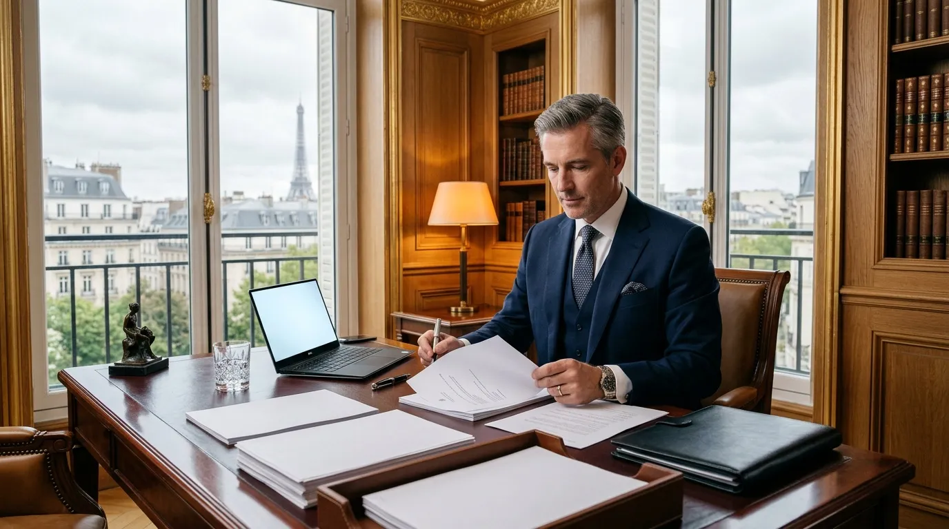 Homme en costume travaillant à son bureau avec vue sur la Tour Eiffel