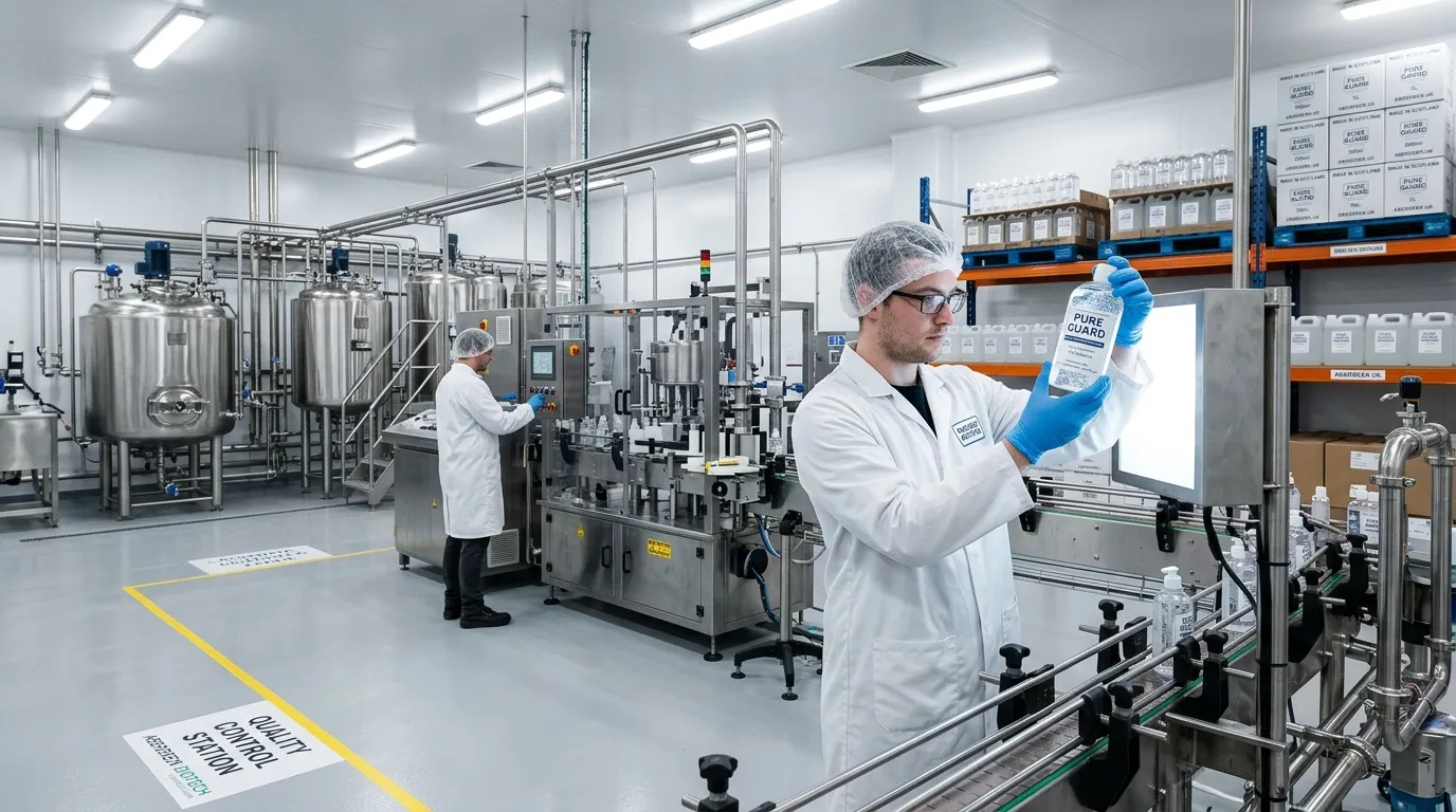 Ouvrier en laboratoire manipulant bouteille de d&eacute;sinfectant Pure Guard