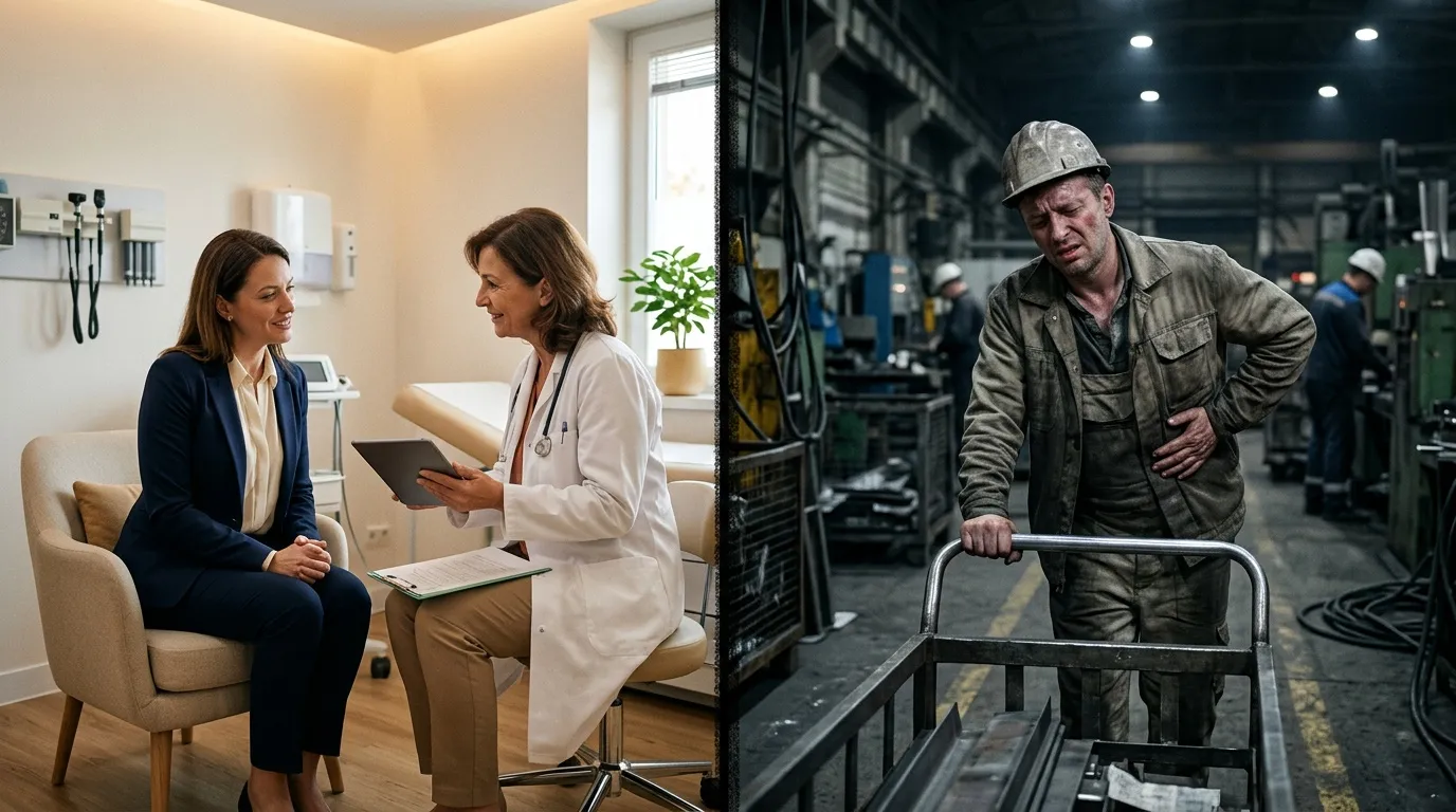 M&eacute;decin en consultation et ouvrier en usine travaillent