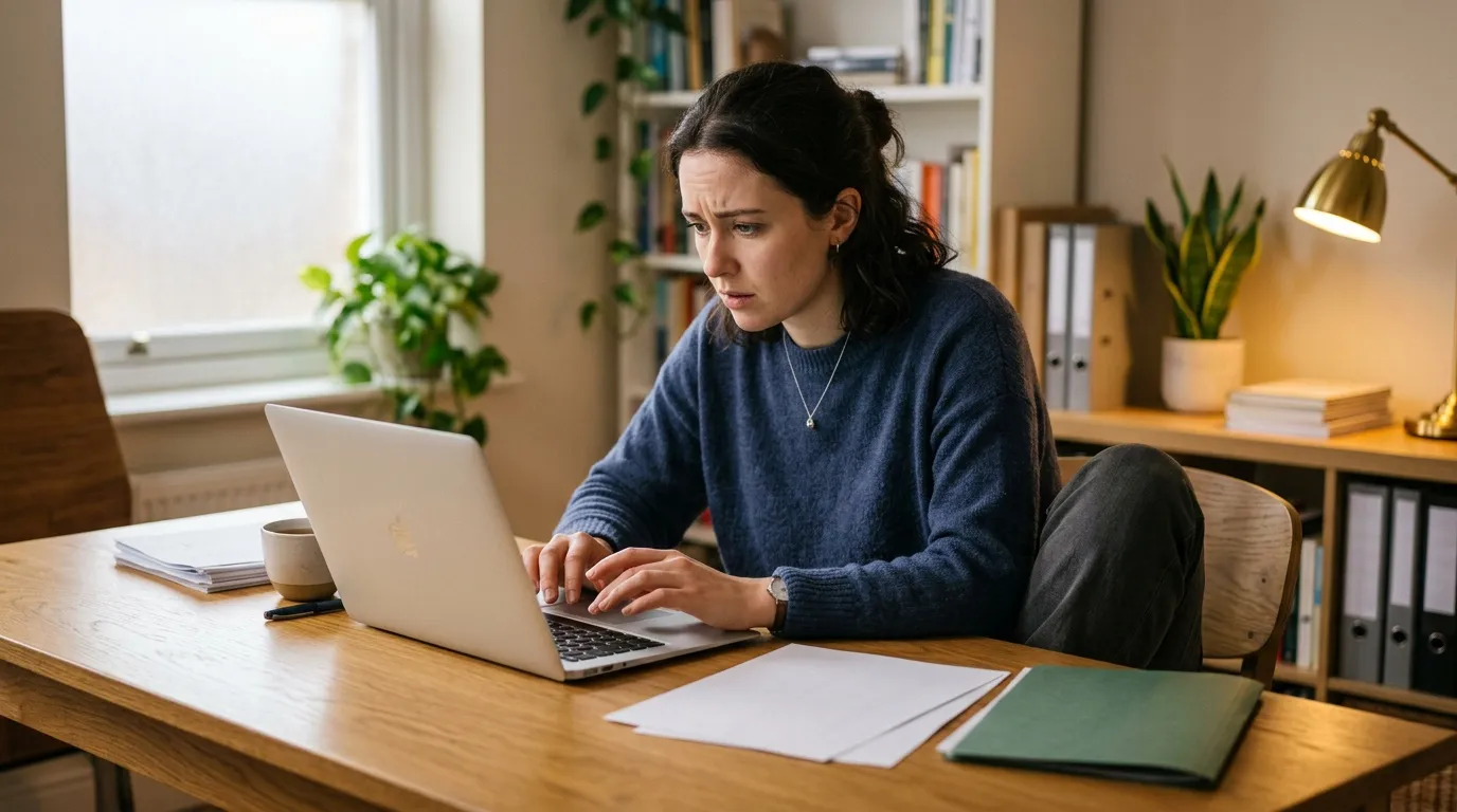 Femme en pull bleu travaillant sur laptop &agrave; son bureau