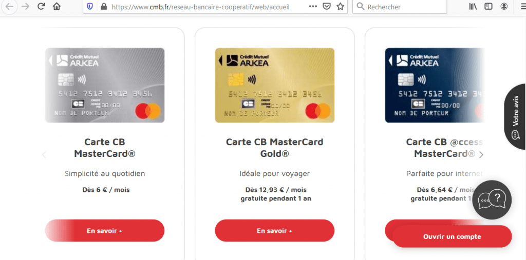 Cartes bancaires proposées par CMB sur son site