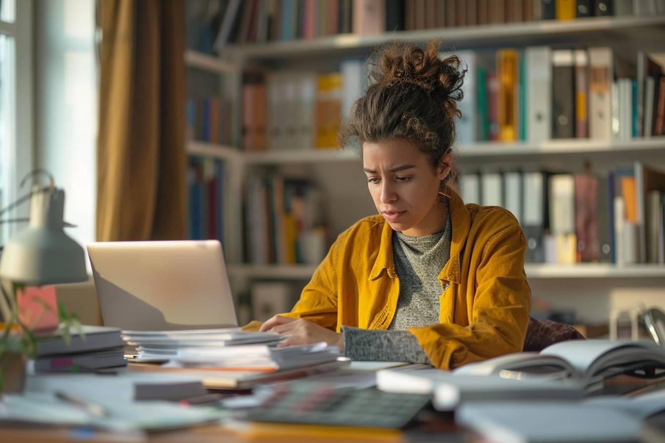 Une femme avec un chignon étudiant attentivement sur un ordinateur portable