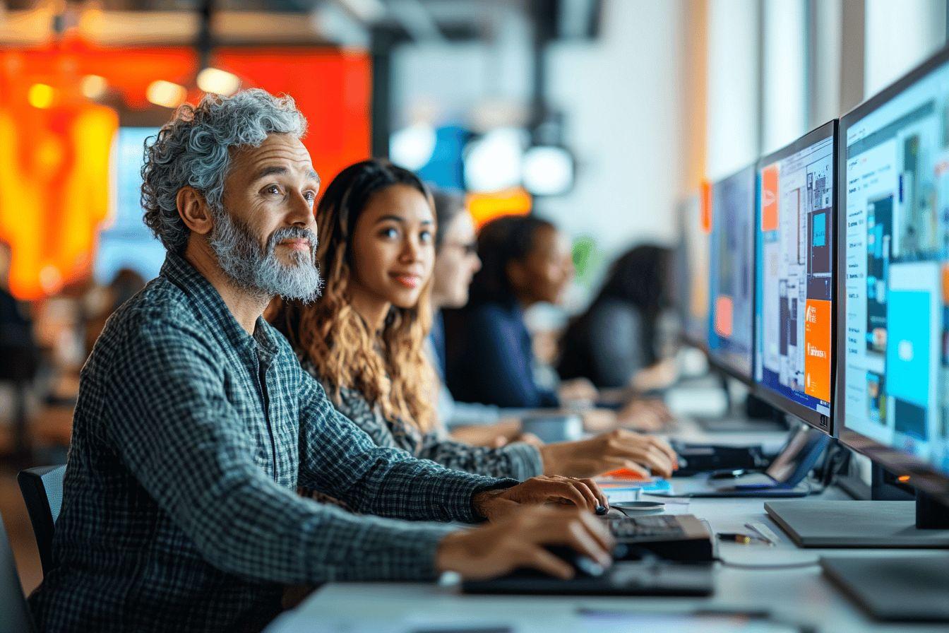 Professionnels multiethniques concentr&eacute;s devant des &eacute;crans d'ordinateur