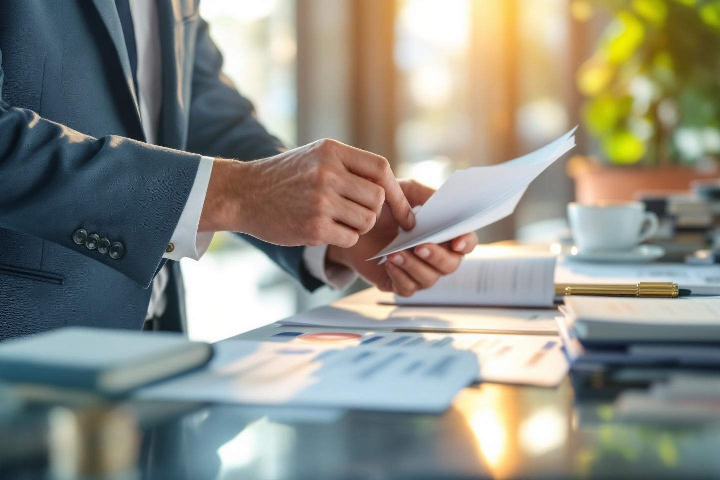Main d'homme d'affaires tenant un document sur un bureau