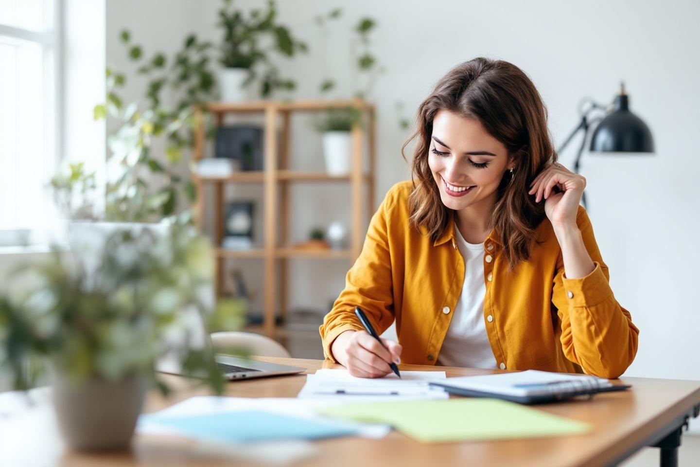 Jeune femme souriante &eacute;crivant au bureau dans un environnement lumineux