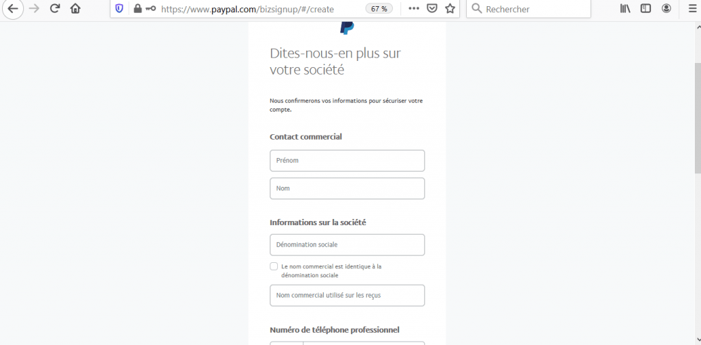 formulaire de renseignements sur l'entreprise titulaire du compte PayPal
