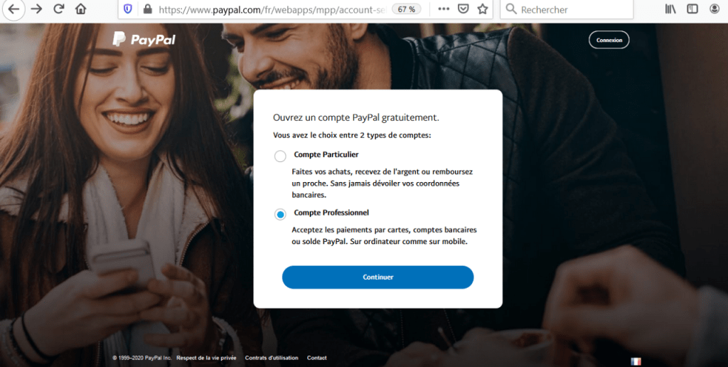Choisir créer compte PayPal professionnel