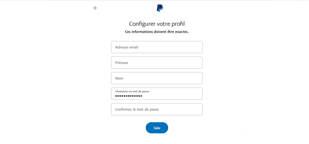 Page de configuration d'un profil personnel PayPal