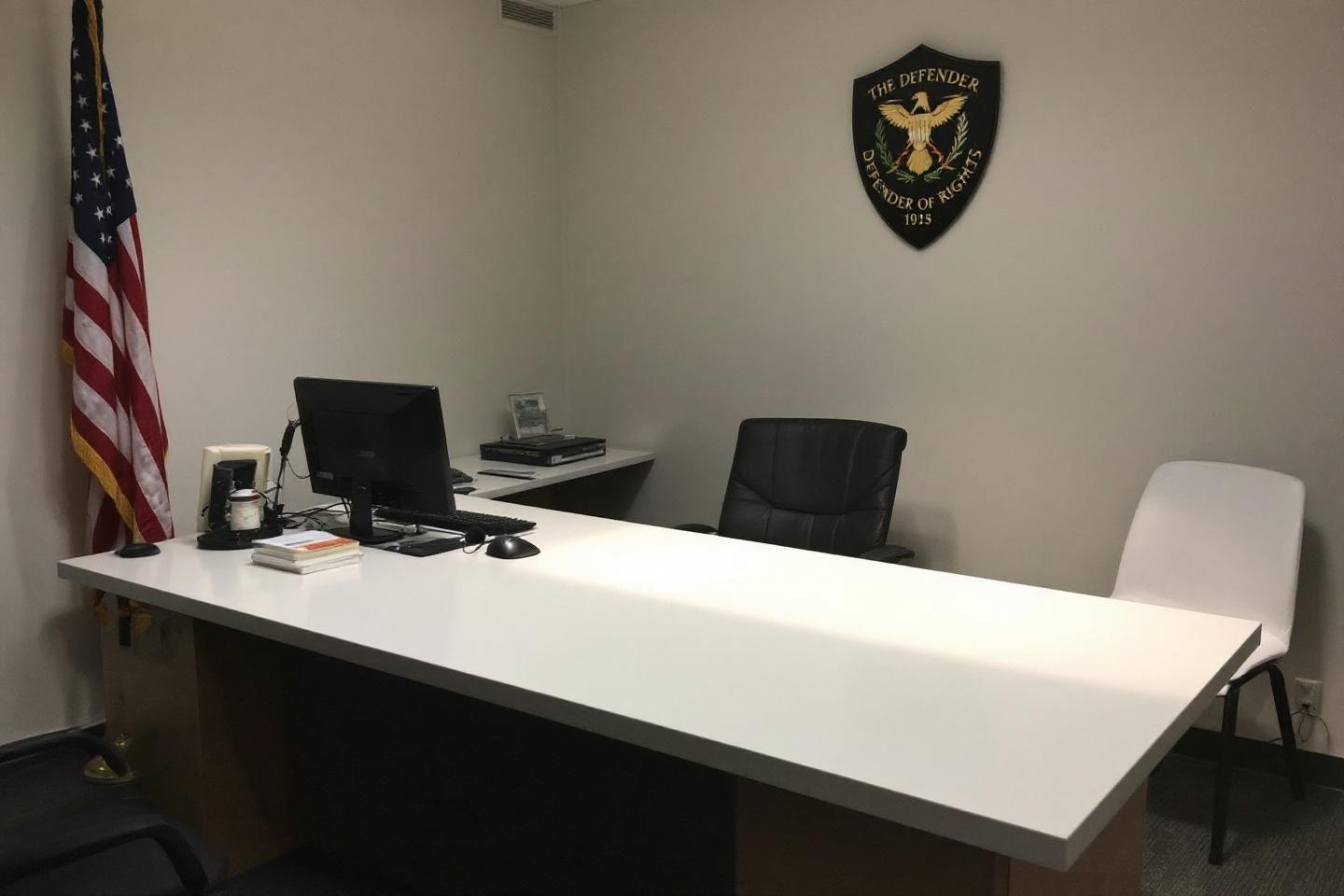 Bureau blanc avec ordinateur, chaise noire et embl&egrave;me national