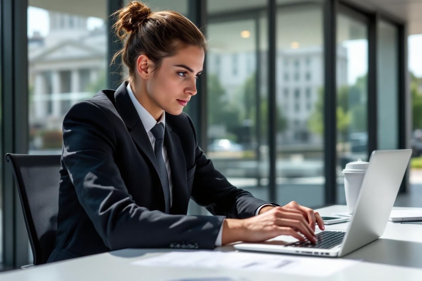 Femme en costume travaillant sur un ordinateur portable dans un bureau