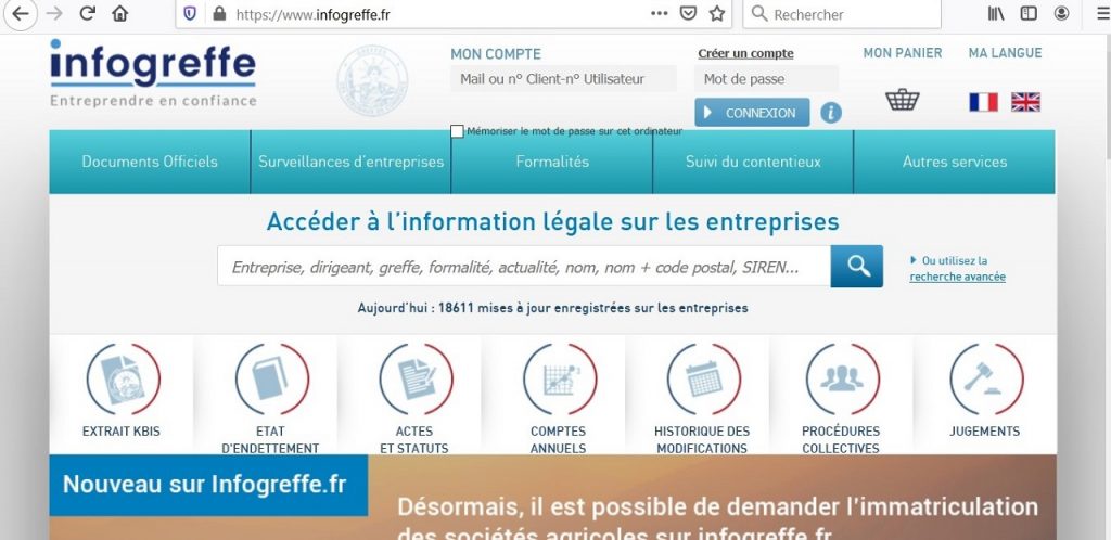 Capture d'écran du site web de Infogreffe