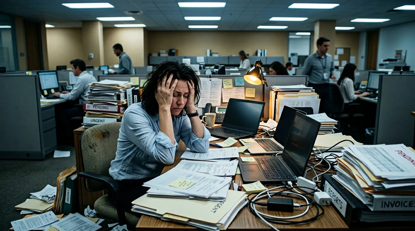 Femme stress&eacute;e &agrave; son bureau entour&eacute;e de documents et dossiers