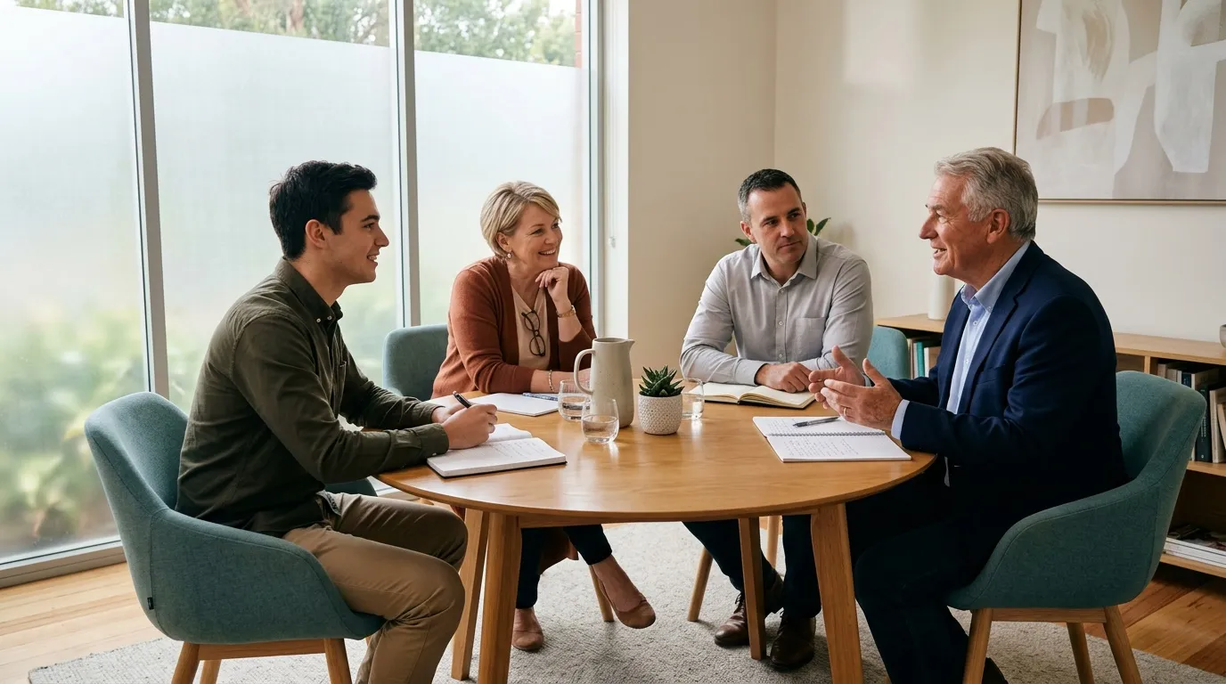 Quatre professionnels discutent autour d'une table ronde en bois