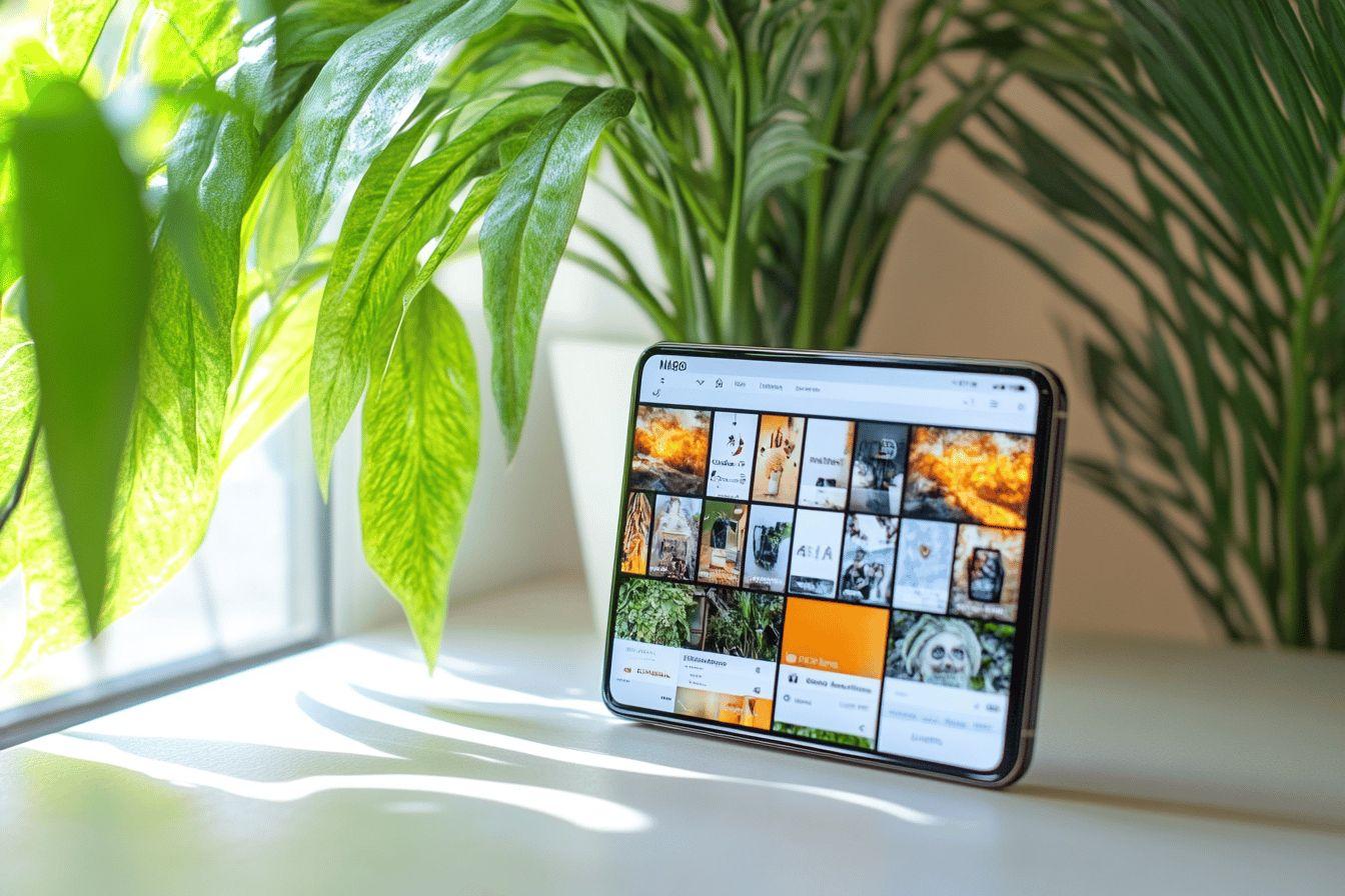 Tablette num&eacute;rique avec galerie d'images sur un rebord de fen&ecirc;tre verdoyant