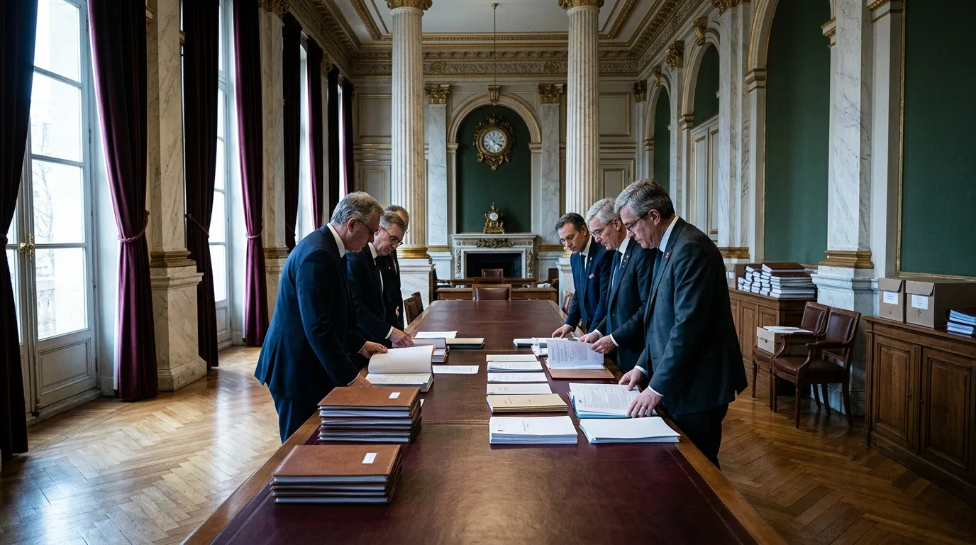 Six hommes en costume bleu consultent des documents autour d'une table