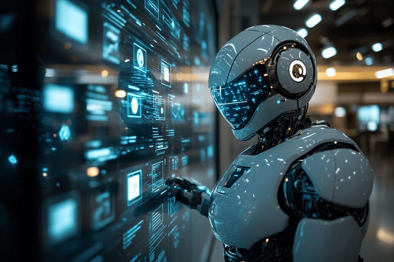 Robot futuriste analysant des donn&eacute;es num&eacute;riques sur interface holographique