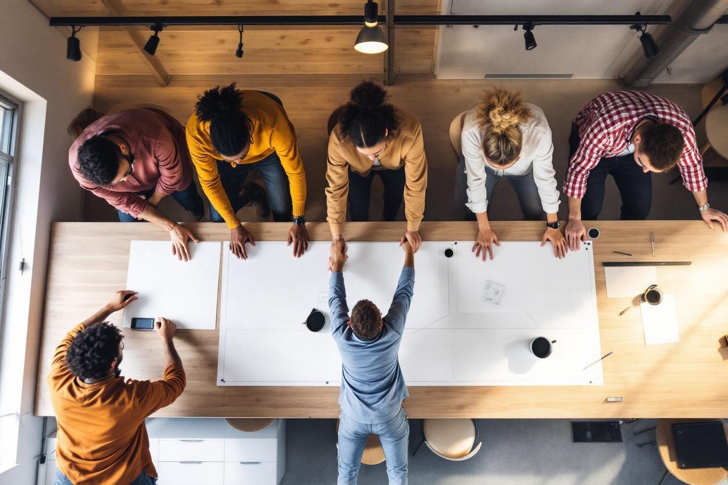 Vue a&eacute;rienne de personnes travaillant ensemble autour d'une table