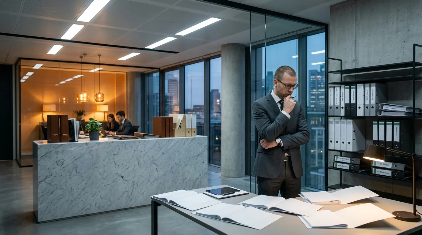 Homme d'affaires r&eacute;fl&eacute;chi dans bureau haut standing avec vue urbaine
