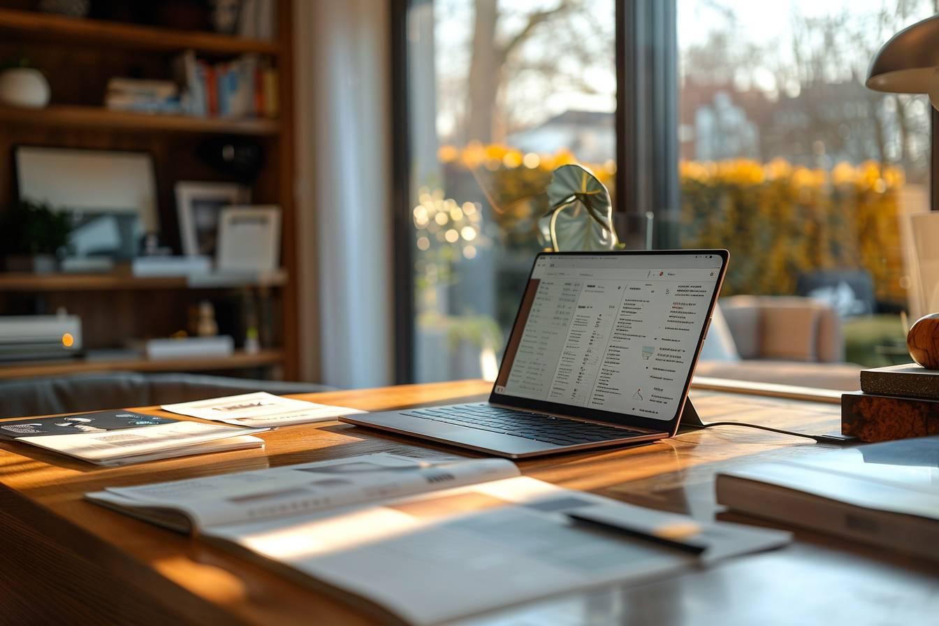 Bureau de travail avec ordinateur portable, papiers et vue extérieure