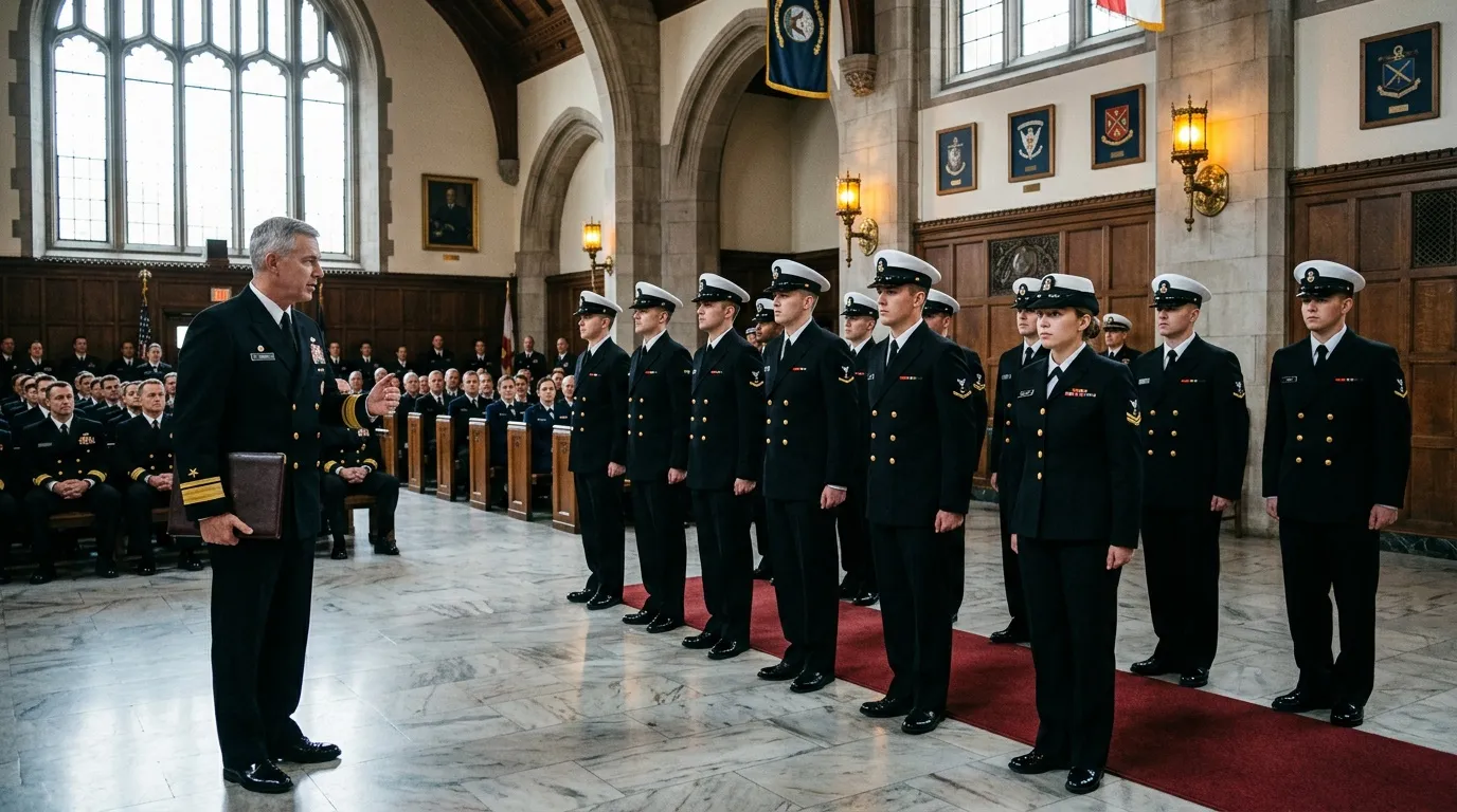 Officier de marine s'adressant &agrave; des marins en uniforme