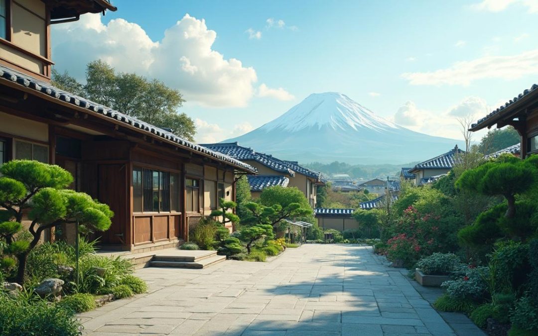 Vue sur le Mont Fuji depuis un village japonais traditionnel
