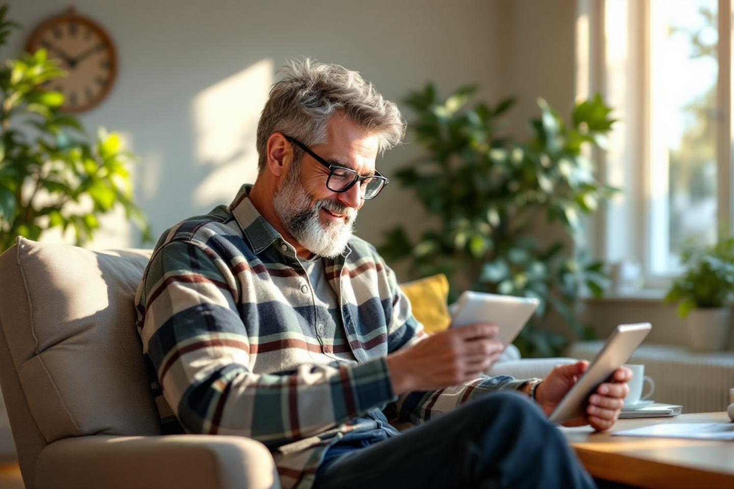 Homme à lunettes travaillant sur tablette dans salon lumineux